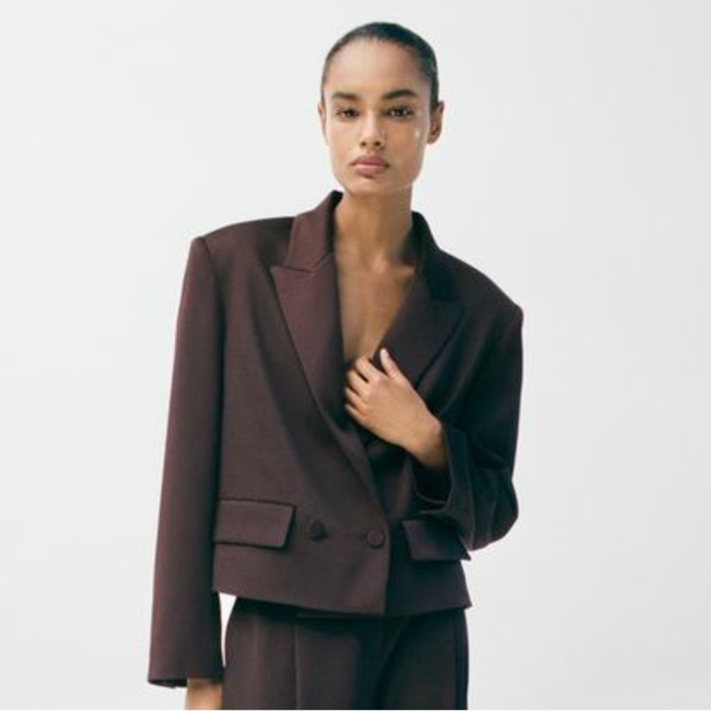 Zara Dark Brown Cropped Satin Double-Breasted Blazer